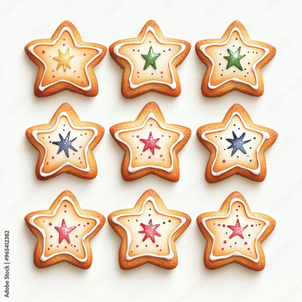 A delightful arrangement of star-shaped cookies decorated with colorful icing, perfect for festive celebrations. A delightful arrangement of star-shaped cookies decorated with colorful icing, perfect for festive celebrations.
