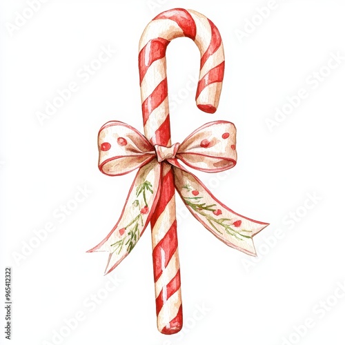 A festive candy cane adorned with a decorative bow, perfect for holiday celebrations and seasonal decorations.