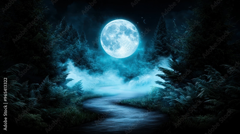 Fototapeta premium Mysterious moonlit path winding through a foggy forest.