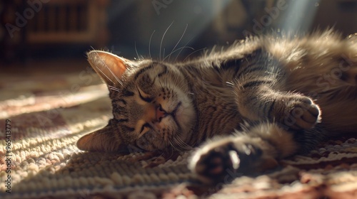 67. Close-up of a relaxed cat lying in a sunbeam on a cozy rug, purring softly with eyes gently closed photo