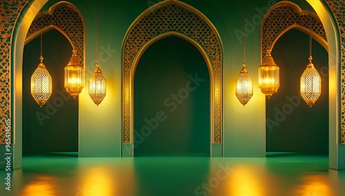 Green and gold ornate arches with hanging lanterns. photo