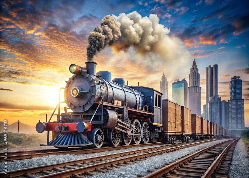 Obraz premium Steam-puffing locomotive hauls cargo containers, vintage-style railroad tracks, and industrial gear icons converge amidst a gradient blue sky with faint cityscape in the distance.
