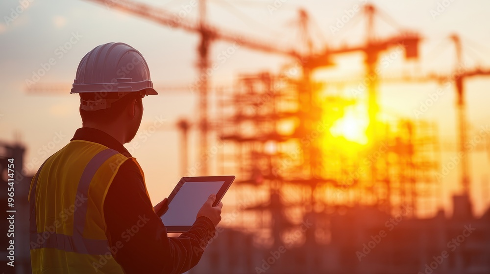 A construction worker wearing a hard hat and holding a tablet in the evening A construction worker wearing a hard hat and holding a tablet in the evening