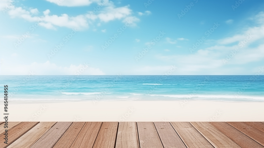 Light Flat Wooden plank platform on sandy beach sunny day blue sky background mockup product display Light Flat Wooden plank platform on sandy beach sunny day blue sky background mockup product display