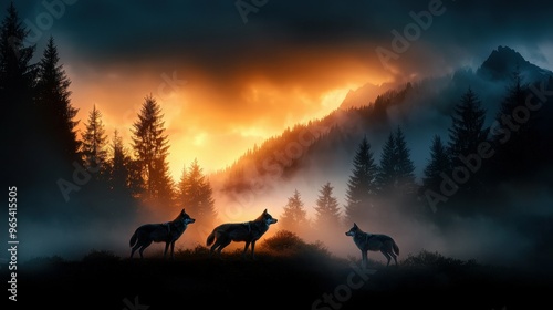 Three wolves standing amidst a misty forest at sunset. photo