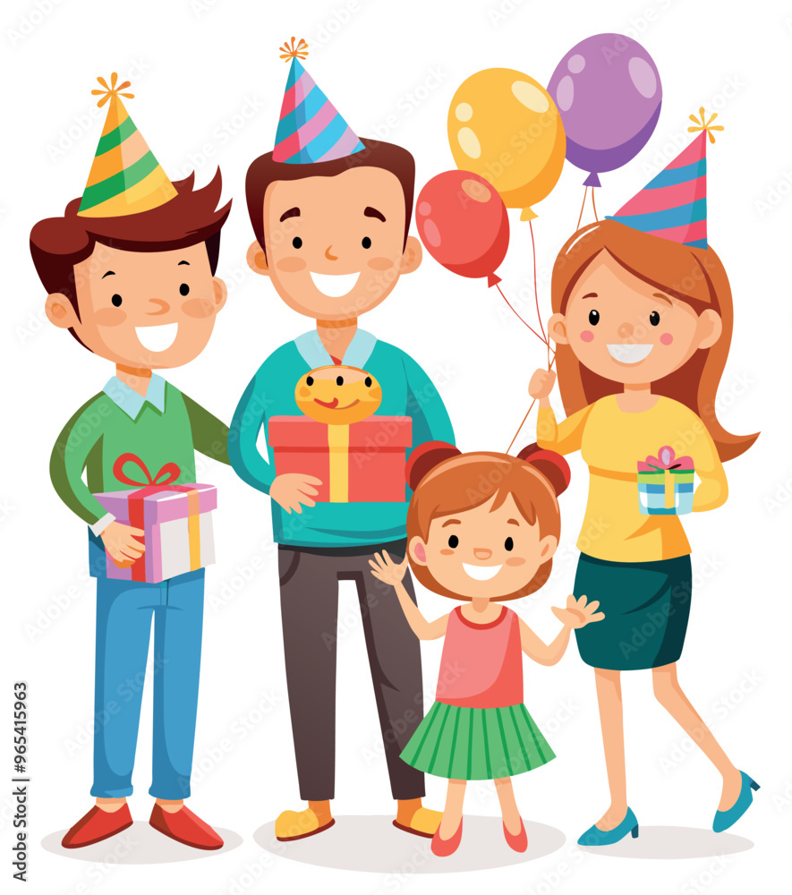 Happy family celebrating birthday holding gifts and balloons Happy family celebrating birthday holding gifts and balloons