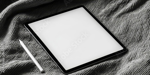 Tablet and stylus on textured gray blanket. photo