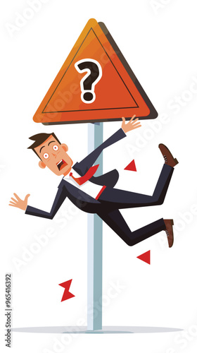 Businessman Slipping and Falling from Warning Sign with Exclamation Mark, Depicting Business Risk, Failure Prevention, and Avoiding Danger