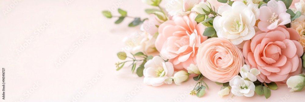 A soft floral arrangement featuring pastel roses and delicate greenery A soft floral arrangement featuring pastel roses and delicate greenery