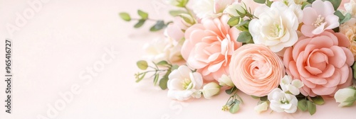 A soft floral arrangement featuring pastel roses and delicate greenery