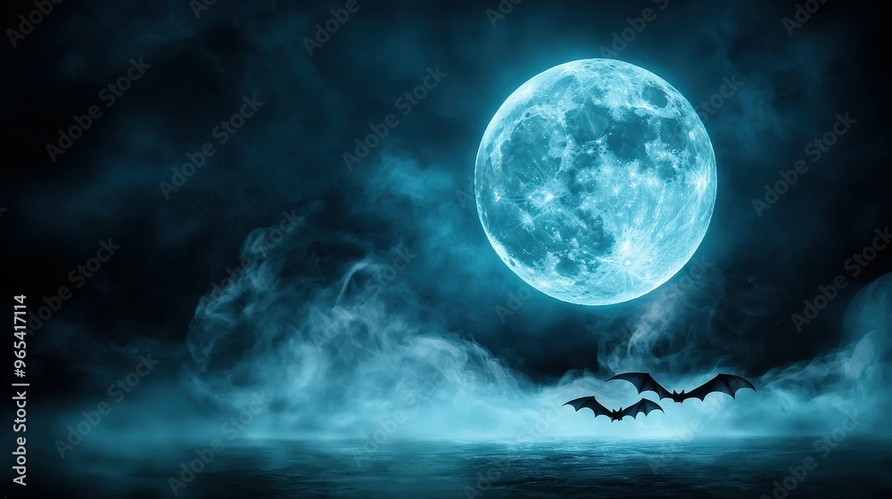 A haunting view of a full moon with bats flying amidst eerie blue fog. A haunting view of a full moon with bats flying amidst eerie blue fog.