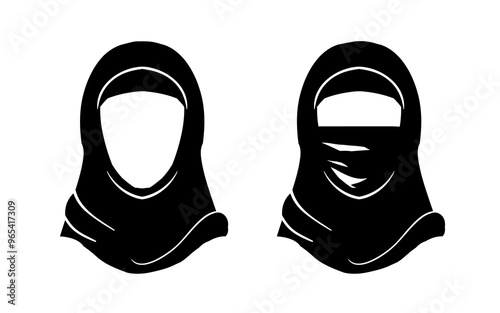  Muslim Arab Hijab woman. Vector Islam Hijab - Arabian veil, yashmak, paranja. Logo of the eastern Oriental woman face Isolated on white background