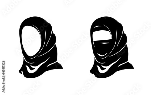  Muslim Arab Hijab woman. Vector Islam Hijab - Arabian veil, yashmak, paranja. Logo of the eastern Oriental woman face Isolated on white background