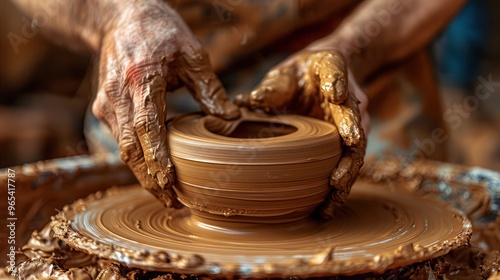 The hands of a potter skillfully molding clay into a container. Making pottery with the delicate movement and attention to detail that defines the art of ceramics.