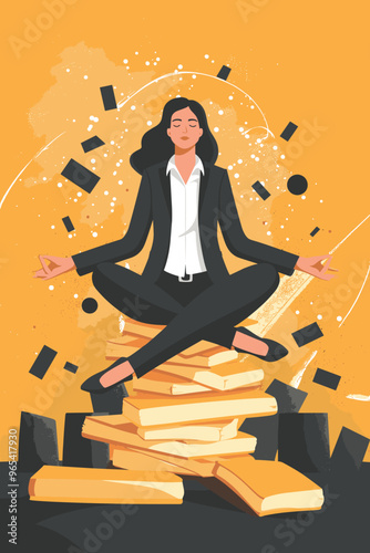 Businesswoman Meditating on Domino to Manage Stress and Prevent Economic Collapse