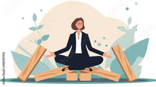 Businesswoman Meditating on Domino to Manage Stress and Prevent Economic Collapse