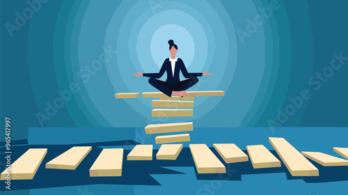 Businesswoman Meditating on Domino to Manage Stress and Prevent Economic Collapse