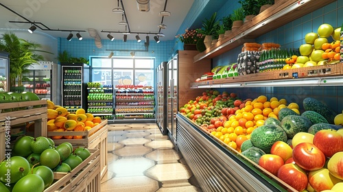 Fototapeta Naklejka Na Ścianę i Meble -  141. Vibrant corner of a supermarket with an abundance of fresh fruits on display, and refrigerated shelves in the background