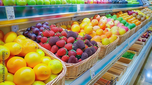 142. Array of colorful fruits neatly arranged in baskets, with refrigerated shelves stocked with fresh produce in a supermarket setting