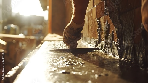 A worker smoothing mortar with a trowel, the wet mortar glistening under the sunlight as the wall rises. photo