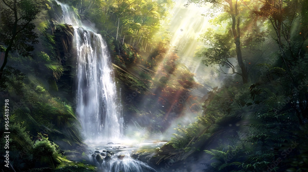 152. Scenic view of a waterfall flowing through dense forest on Sun Link Sea mountain, with sunlight filtering through the trees 152. Scenic view of a waterfall flowing through dense forest on Sun Link Sea mountain, with sunlight filtering through the trees