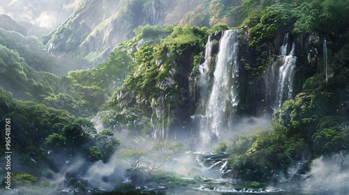 151. Majestic waterfall cascading down a rocky cliff, surrounded by lush greenery on Sun Link Sea mountain, with mist rising from the base