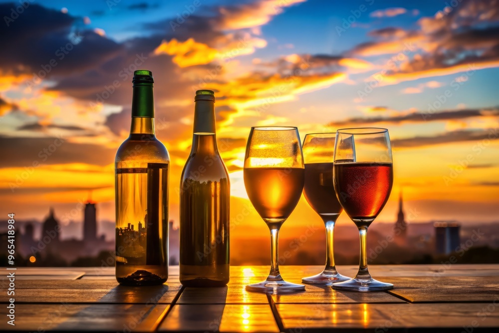 Wine glasses and beer bottles silhouetted against a sunset sky, with a distant cityscape in the background. Wine glasses and beer bottles silhouetted against a sunset sky, with a distant cityscape in the background.