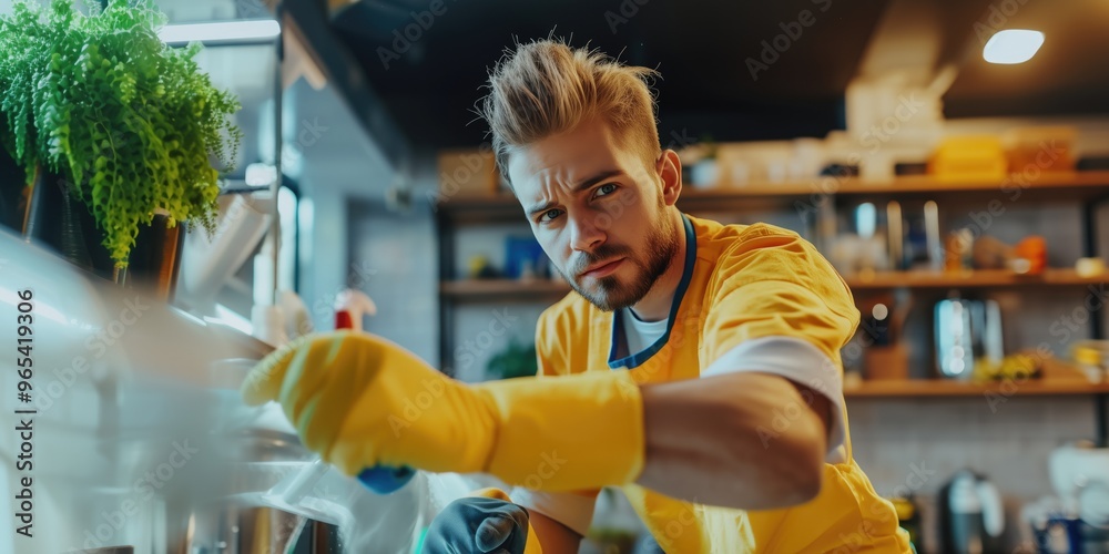 Man male cleaning service wearing protective clothes and rubber gloves professional at work close up photo Man male cleaning service wearing protective clothes and rubber gloves professional at work close up photo