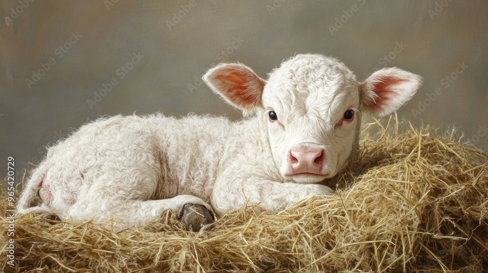 White Calf Resting in a Nest of Hay White Calf Resting in a Nest of Hay