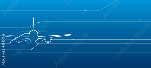 Avia transport. Airplane outline illustration for your project. White lines image on blue background. Vector design art