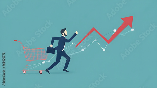 Sale growth concept. Businessman touching graph of increase in sales volume with shopping cart on virtual screen for ecommerce growth