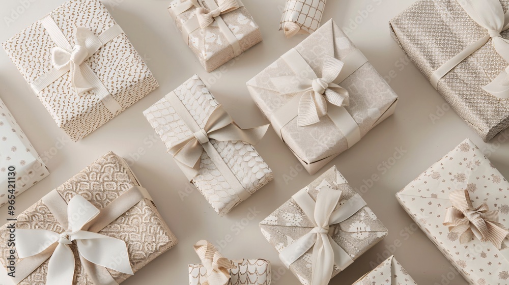 13. A pile of stylish gift boxes with intricate patterns and bows, stacked symmetrically on a neutral background.
