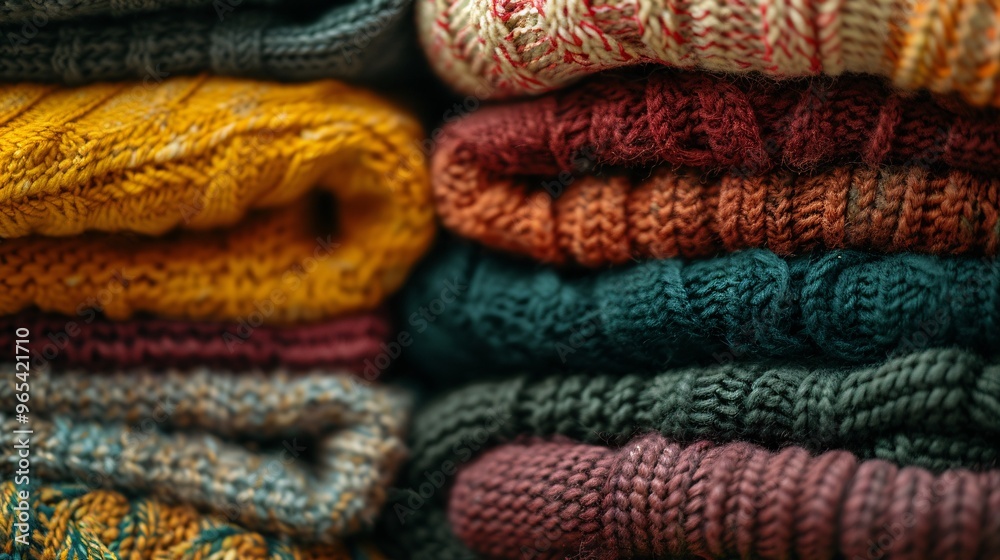 20. A set of folded knitted sweaters in an organized stack, with a focus on the intricate knitting details and vibrant colors. 20. A set of folded knitted sweaters in an organized stack, with a focus on the intricate knitting details and vibrant colors.