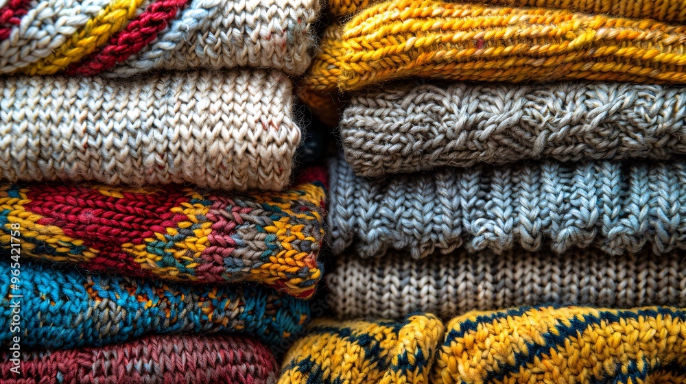20. A set of folded knitted sweaters in an organized stack, with a focus on the intricate knitting details and vibrant colors. 20. A set of folded knitted sweaters in an organized stack, with a focus on the intricate knitting details and vibrant colors.