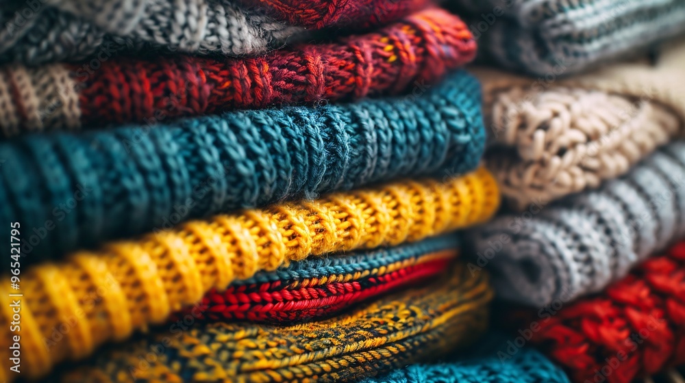 20. A set of folded knitted sweaters in an organized stack, with a focus on the intricate knitting details and vibrant colors. 20. A set of folded knitted sweaters in an organized stack, with a focus on the intricate knitting details and vibrant colors.