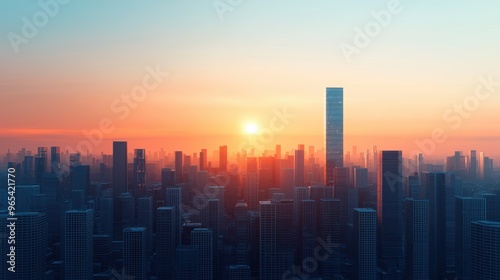 Glowing Futuristic Cityscape: Sunrise Reflections on Glass Buildings in High-definition 3D Render with Ray Tracing