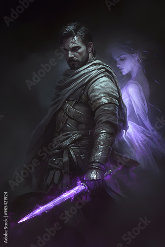 A strong looking mage in his thirties with a short beard, wielding a short sword glowing with dark purple energy