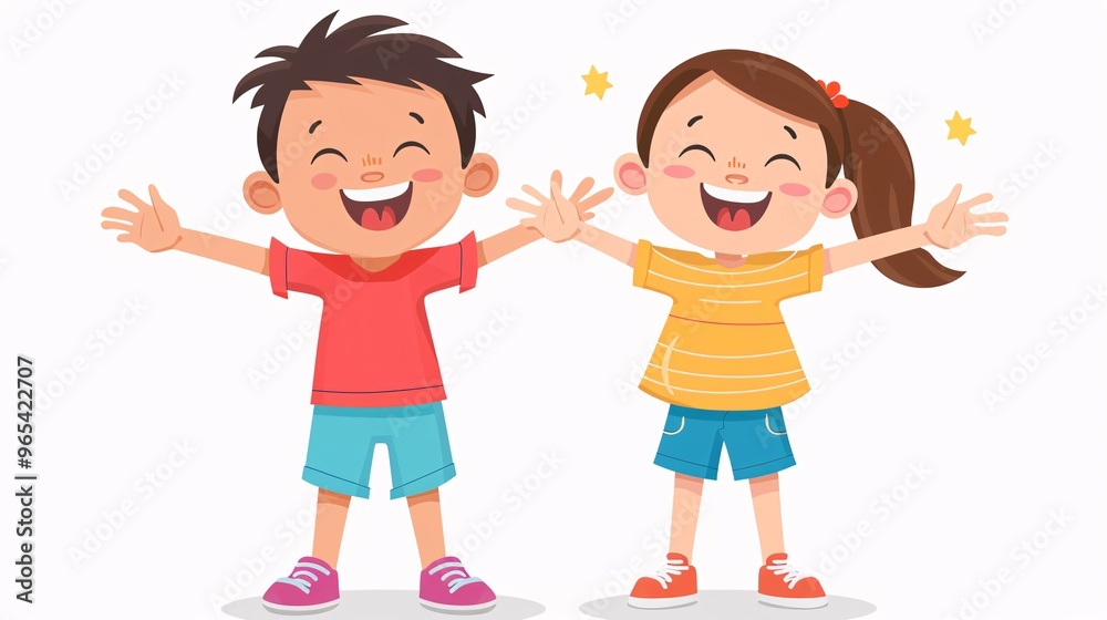 11. Vector illustration of a happy little boy and girl standing with open arms, smiling brightly and ready for a hug. 11. Vector illustration of a happy little boy and girl standing with open arms, smiling brightly and ready for a hug.