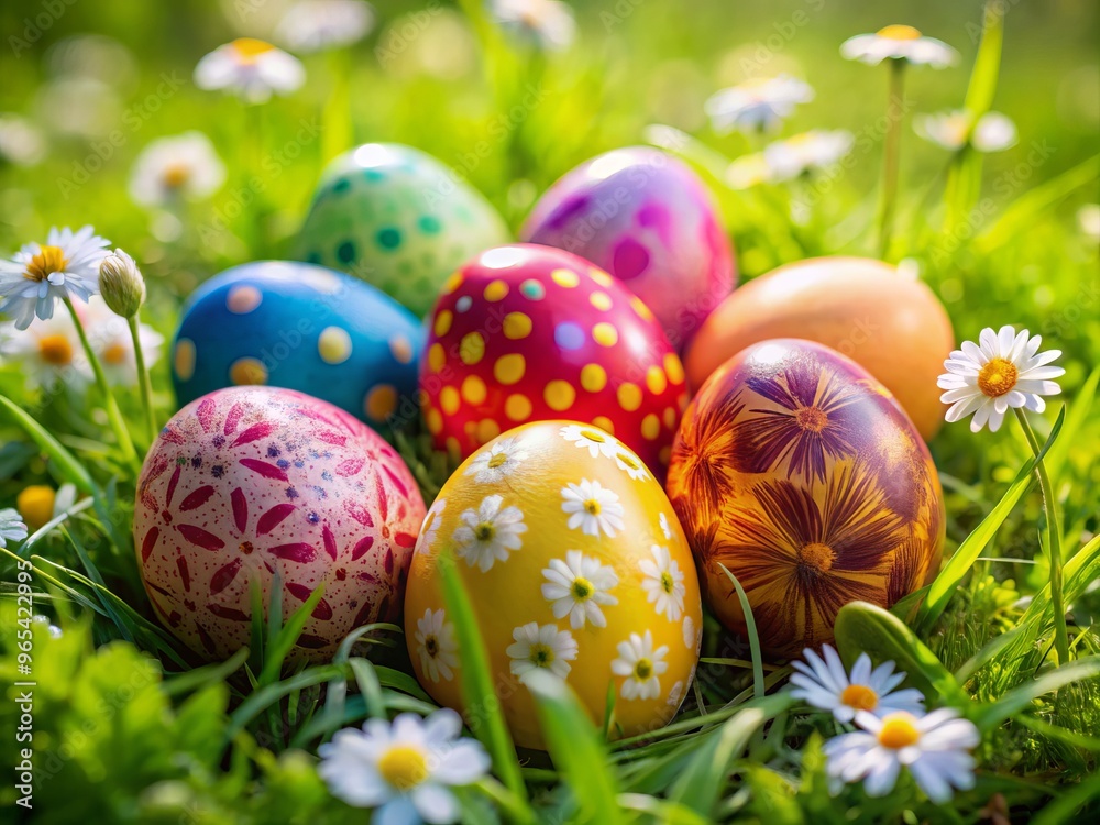 Brightly colored eggs with swirly patterns and speckles, nestled in a bed of soft green grass and soft focus flowers. Brightly colored eggs with swirly patterns and speckles, nestled in a bed of soft green grass and soft focus flowers.