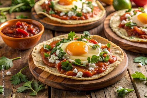 Cracked eggs on toasted tortillas, topped with spicy tomato sauce, refried beans, and crumbled queso fresco, surrounded by crispy tortilla strips and fresh cilantro.