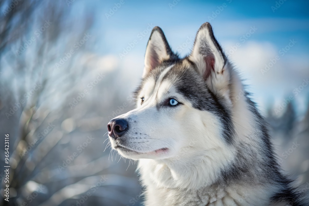 White Siberian Husky with black patches gazing wistfully into the snowy distance, fur ruffled by the winter wind White Siberian Husky with black patches gazing wistfully into the snowy distance, fur ruffled by the winter wind
