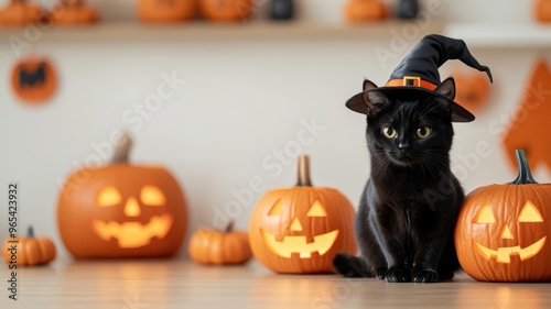 Black cat in a witch s hat, sitting next to glowing jack-o'-lanterns and festive Halloween decorations in a cozy holiday home setting photo