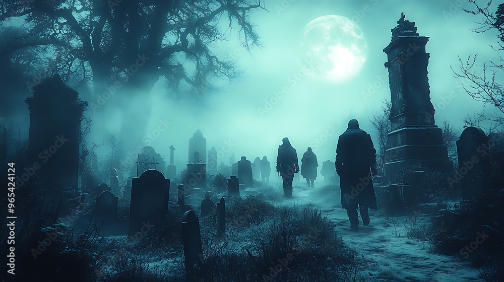 A midnight cemetery scene with silhouettes of people walking through dense fog, gravestones and statues illuminated by moonlight, shadows stretching across the path, A midnight cemetery scene with silhouettes of people walking through dense fog, gravestones and statues illuminated by moonlight, shadows stretching across the path,