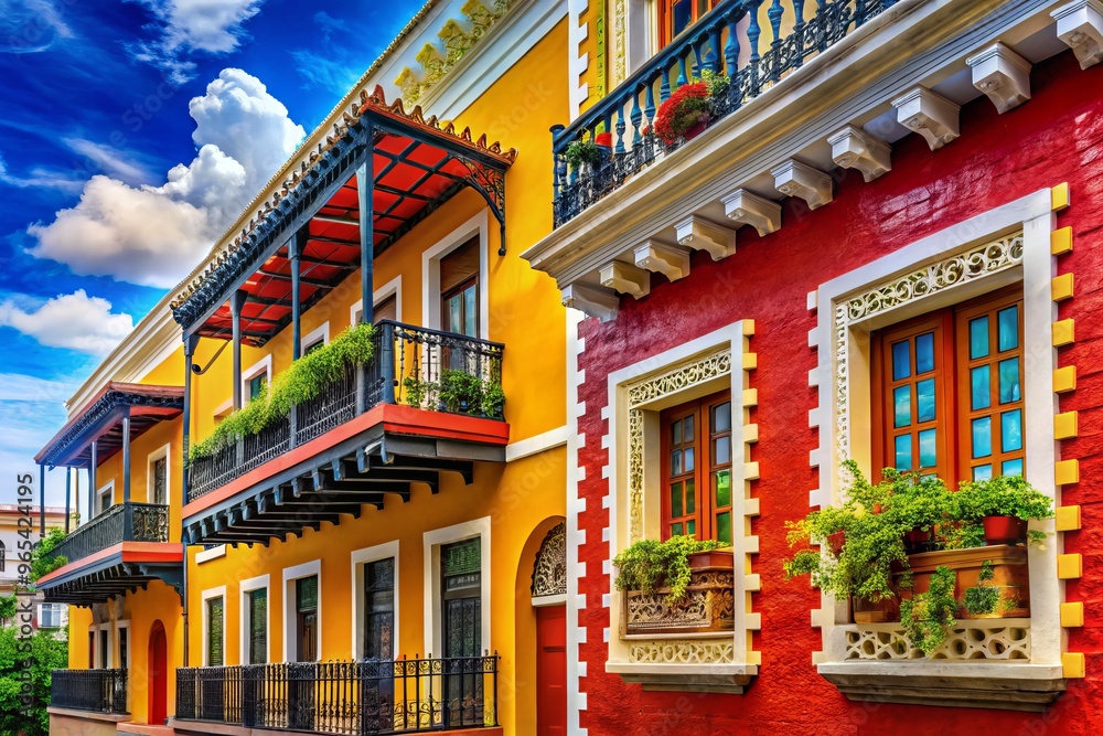 A vibrant red and yellow Puerto Rican stamp depicts a colorful building in Old San Juan's streets, ornate balconies and wrought iron details, surrounded by lush greenery A vibrant red and yellow Puerto Rican stamp depicts a colorful building in Old San Juan's streets, ornate balconies and wrought iron details, surrounded by lush greenery