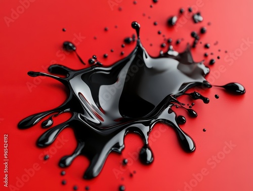 A captivating image of black paint splattered on a vibrant red surface, showcasing a dynamic contrast and fluid motion.