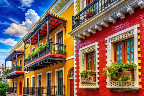 A vibrant red and yellow Puerto Rican stamp depicts a colorful building in Old San Juan's streets, ornate balconies and wrought iron details, surrounded by lush greenery