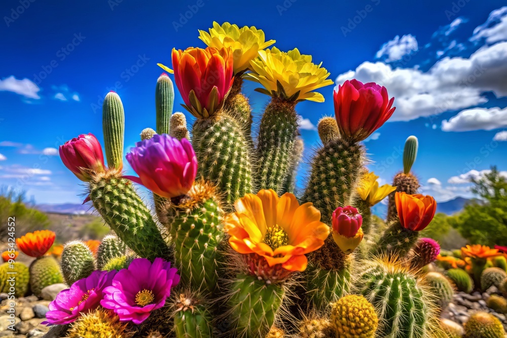 Vibrant desert-cactus blooms with multi-colored flowers under a brilliant blue sky, presenting a stunning contrast of colors against the arid landscape. Vibrant desert-cactus blooms with multi-colored flowers under a brilliant blue sky, presenting a stunning contrast of colors against the arid landscape.