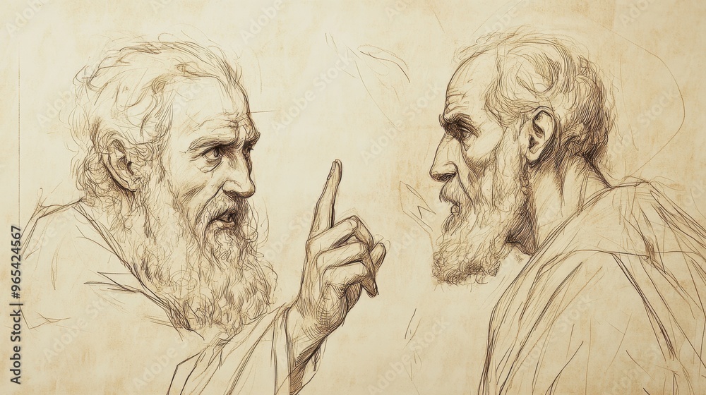 Fototapeta premium Biblical Illustration of Numbers: Aaron Pleading with Moses to Forgive Them, Captured on a Beige Background, Emphasizing Repentance and Forgiveness