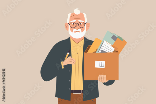 Elderly unemployed man holding box of office supplies, facing age discrimination and ageism, rejected by various employers