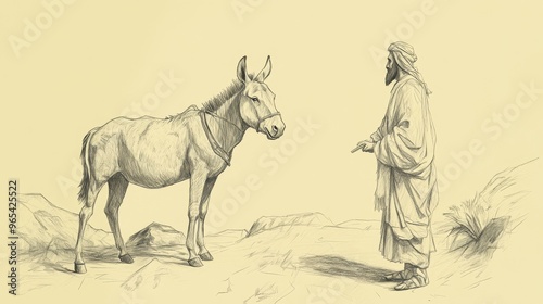 The Donkey Speaking to Balaam, Questioning Why It Is Beaten, Biblical Illustration from Numbers, Beige Background, Ideal for Religious Education and Worship Materials photo